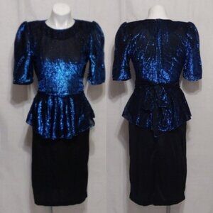 Vtg Diamond’s Run 80s Metallic Sheer Blue Black Peplum Cocktail Party Dress 9/10